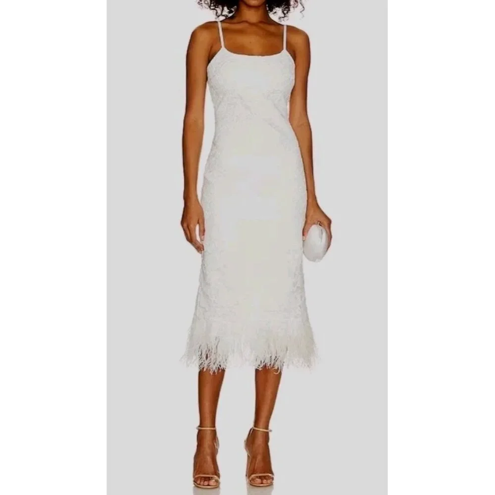 Likely Mari White Midi Dress Sz 4 Sleeveless Lace Feathers Empire Waist - Picture 1 of 9